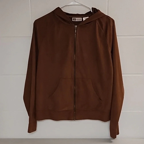 Rusty Brown Soft Comfy Faux Suede Hoodie Zip Front Jacket Med 8/10 - Picture 9 of 11